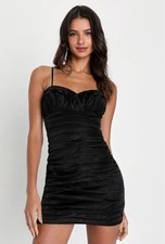 Lulus Completely Stunning Black Pleated Satin Bodycon Mini Dress SZ Medium picture