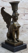 FABULOUS BRONZE DECO EGYPTIAN REVIVAL SPHINX CANDLE HOLDER NUDE SCULPTURE GIFT picture