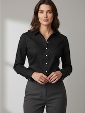 NWT HARSHMAN Los Angeles Black Pleated Chevron Bib Button Down Blouse XS picture