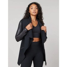NWOT SPANX DRAPE FRONT ATHLEISURE JACKET BLACK FAUX LEATHER TRIM 2X picture