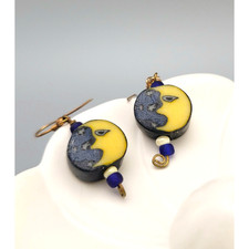 Vintage Artisan Celestial Moon Face Dangle Earrings Blue Yellow Folk Art Boho picture