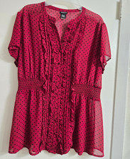 Torrid Red/Black Polka Dot Ruffle V-Neck Sheer Chiffon Blouse Short Slv Sz 0 picture
