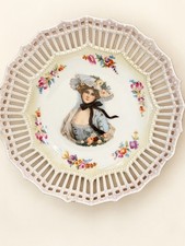 Antique German Reticulated Pierced Porcelain Bowl Portrait Lustreware Signed 41 picture