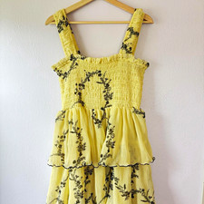 NWT GANNI Yellow Floral Smocked Tiered Square Neck Strappy Midi Sundress L picture