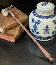 Rare Large English Sterling Silver Turned Hardwood Handle Candle Snuffer 12.4” picture