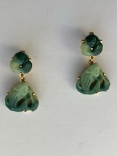 Crown Trifari Green Lucite Fish Faux Carved Jade Gold Tone Clip Earrings Signed picture