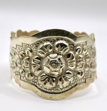 Vintage 1930s Mexican Silver Wide Cuff Bracelet Floral Repousse Wavy Pre Eagle picture