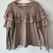 Umgee Boho Floral Embroidered Ruffle Long Sleeve Top Taupe Brown Size M G1235 picture