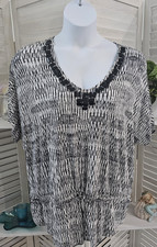Chico's Size 3 Top Blouse Black White Geo Print Beaded V-Neck Elastic Waist XL picture