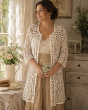 Chicos Size 3 Lace Foiled Topper Jacket XL Ivory Metallic Cottagecore Elegant picture