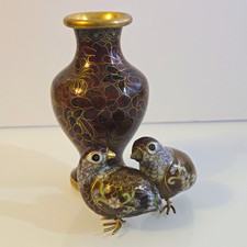 3pc Vintage Cloisonne Set Metal Bird Figurine Quail and Vase picture
