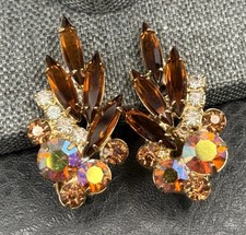 Vintage Aurora Borealis AB Rhinestone Navette Clip On Earrings Gold Tone picture
