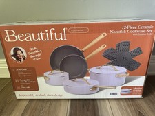 Beautiful by Drew Barrymore 12 Pc Ceramic Nonstick Cookware Set Lavender Purple picture