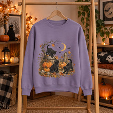 Halloween Black Cat Sweatshirt, Pumpkin Fall Autumn Graphic Crewneck picture