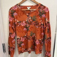 Sundance Henley Top Orange Floral Fox Fall Waffle Knit Cotton Long Sleeve-M picture