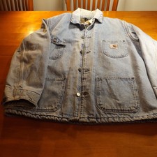 Vintage Carhartt Denim Chore Coat Large Blanket Lined Blue Work Jacket Michigan picture