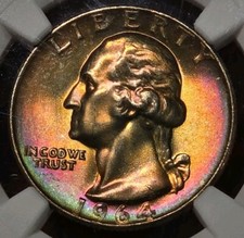 1964 D 25C Washington Quarter 25C NGC MS64 Rainbow Toned Unbelievably Attractive picture