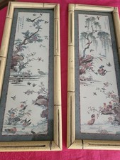 Pair Of Japanese Hanging Art Bamboo Frame Birds Trees Rooster Ducks Butterflies picture