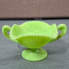 Fenton Custard Glass Bonbon Dish Lime Green Uranium Glass Basketweave Floral picture