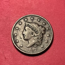 (1) Beautiful Antique 1837 Matron Coronet Large Cent/Penny CHOICE VG-VERY GOOD picture
