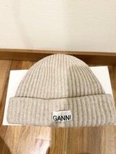 Ganni Ribbed Knit Beanie Hat Beige One Size picture