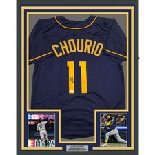 Framed Autographed/Signed Jackson Chourio 35x39 Navy Jersey Beckett BAS COA picture