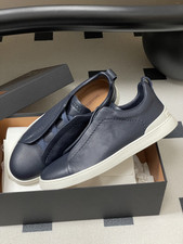 Men ZEGNA Triple Stitch SECONDSKIN Navy Grained Leather Slip On Casual Sneakers picture