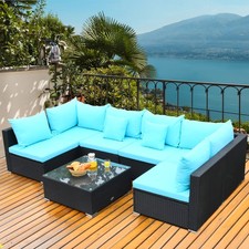 7PCS Rattan Patio Conversation Set Sectional Furniture Set w/ Blue Cushion picture