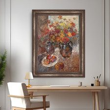 Large Still Life Oil Painting Flowers Vase Fruit Textured Impasto Signed 36x48 picture