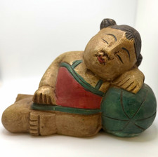 Hand-Painted Wood Girl Sleeping Figurine, Painted Finish, Brown/Red/Green 8x6x3” picture