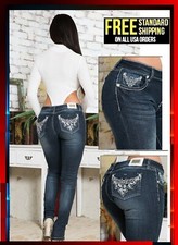 Classic Rhinestone Premium Women's Stretch Skinny Fit BLUE Denim Jeans Pants picture
