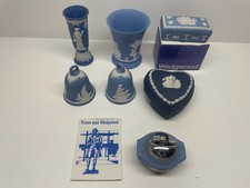 Vintage Wedgwood Jasperware Blue Lot of 7 - Vases Trinket Boxes Bells Lighter picture