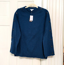 J. Jill Blue Speckled Crew Neck 100% Cotton Knit Button Sleeve Sweater Women's M picture
