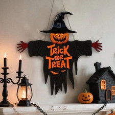 1pc 2D Halloween Trick-or-Treat Wooden Sign Pumpkin Monster Face Decor picture