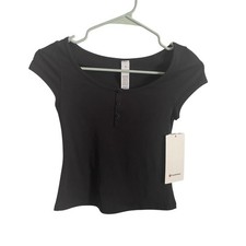 Lululemon Cap-Sleeve Henley T-Shirt Black LW3IGFS Pima Cotton Stretch Top XS NWT picture