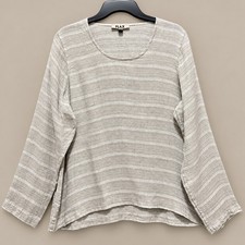 FLAX Linen Top Womens Small Tan Striped Excellent Long Sleeve Blouse picture