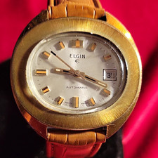 Elgin Vintage Automatic Swiss Made Date Silver Dial Gold SS Case Brown Strap picture