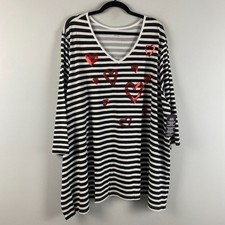 Catherines Sequin Heart Tunic Shirt Size 3X Black White Stripe V Neck 3/4 Slvs picture