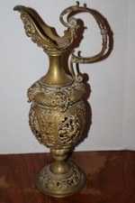 Early 20th C. Revival Brass Ewer w Lion & Oriental Faces & Shells 13.5
