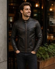 Men's Genuine Leather Jacket Vintage Brown Cafe Racer Biker Motorcycle Slim Fit picture