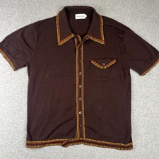 OXKNIT Retro Short Sleeve Button Shirt Polo Large Mens Brown Cotton Pocket picture