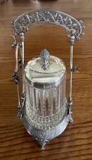 Meriden B. Co Silverplate Victorian Floral Pickle Castor Jar & Original Tongs picture