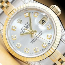 ROLEX LADIES DATEJUST SILVER DIAL 18K GOLD STEEL DIAMOND LUGS QUICKSET WATCH picture