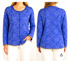 Oleana Blue Silk Wool Knit Floral Cardigan Button Front Round Neck Women’s. picture