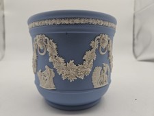 Vtg. Wedgwood Blue Jasperware Planter (4.25”h x 5”w) HTF Pattern Made In England picture