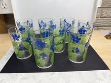 Vintage Kraft Swanky Swig Blue Violet Juice Glasses 4oz Set of 8 Hazel Atlas MCM picture