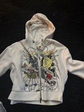 Ed Hardy White Cotton Fleece Full Zip Hooded Tattoo Graphic Hoodie Women XL picture