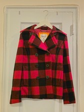 WHO.A.U Plaid Peacoat Jacket SZ M Red Black Buffalo Wool-Blend Double-Breasted picture