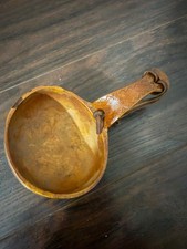 Antique 1926 Scandinavian Hand carved Wooden Kuksa Cup Folk Art Leather picture