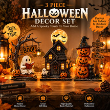 3pc Halloween Decor Set Haunted House Ghost Pumpkin Tabletop Statue Centerpiece picture
